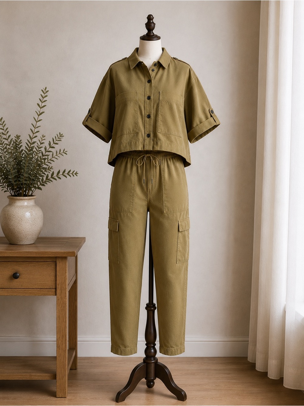 Dynamite Olive Utility Matching Set Crop Shirt Cargo Pants Safari Chic XS and M